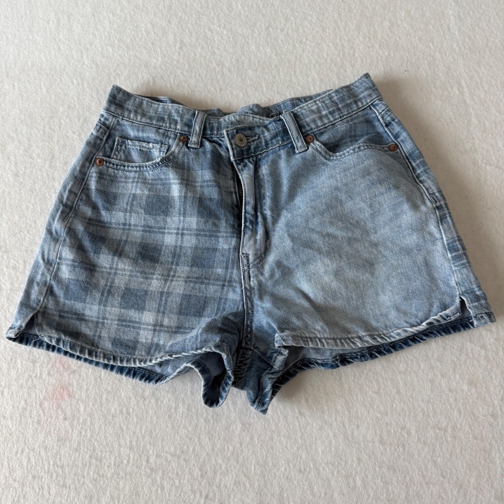 American Eagle Plaid Split Design Denim Highest Rise Mom Short Womens 4